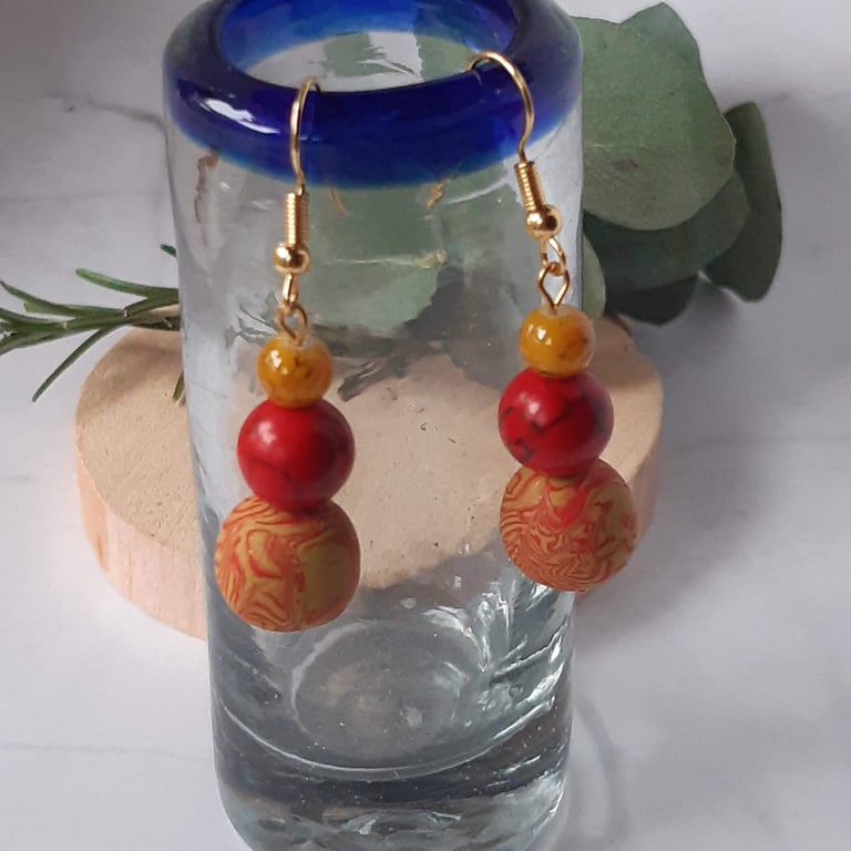 Mustard and red dangly polymer clay earrings