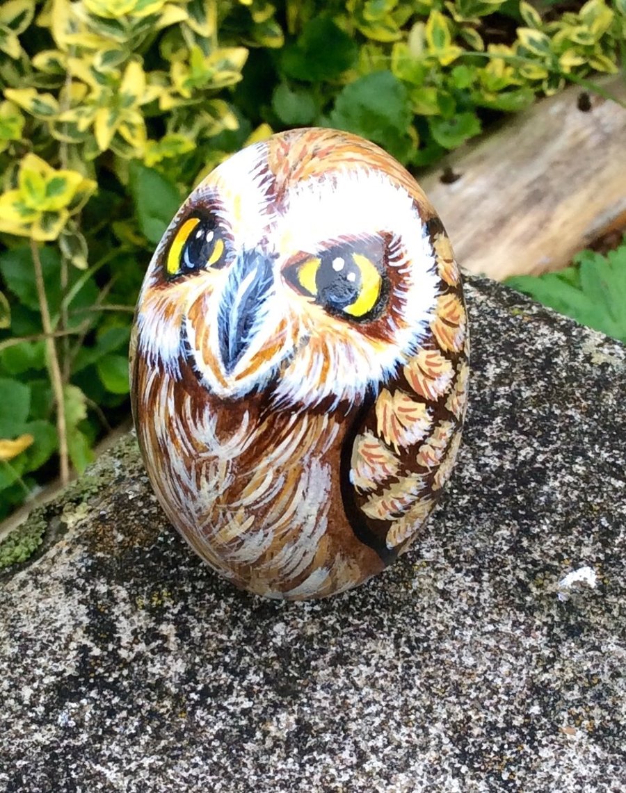 Owl hand painted pebble