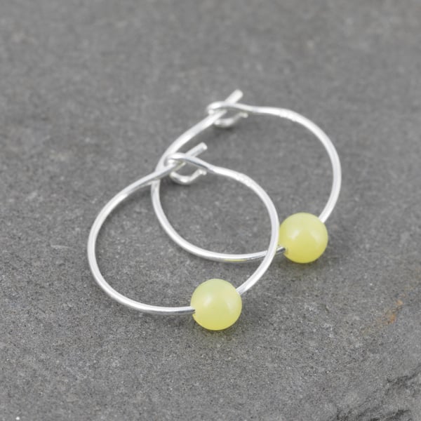 Boho 4mm Yellow Lemon Jasper Gemstone & 15mm Sterling Silver Hoop Earrings