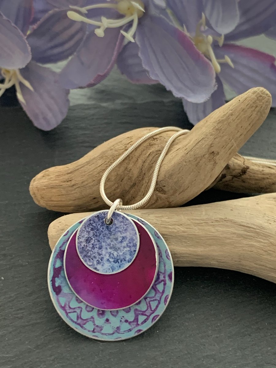 Hand dyed aluminium pendant, turquoise, purple and dark pink mandala design 