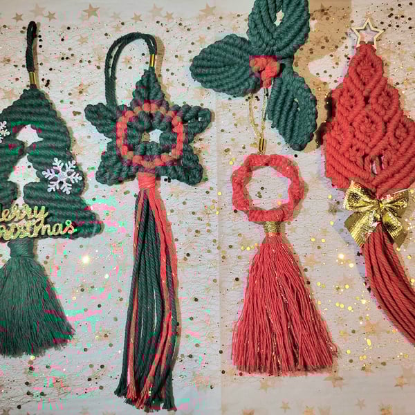 Macrame Christmas Hanging decor set-green-red