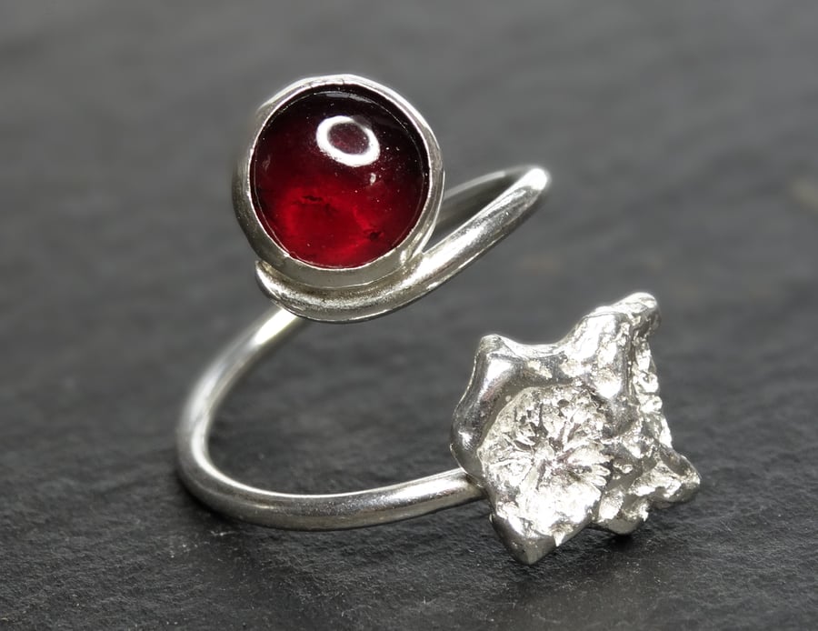 Coral Chip, Garnet, Tristan ring, Sterling silver, resizable