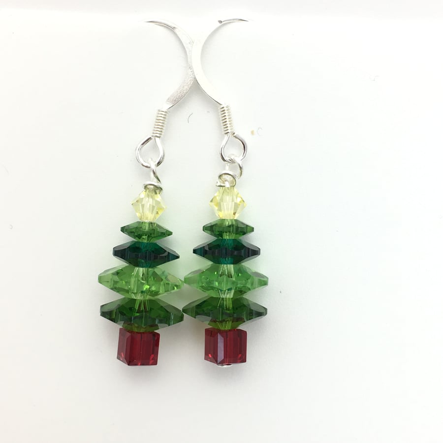 Christmas Tree Earrings - silver, green black drop earrings . Last Pair!