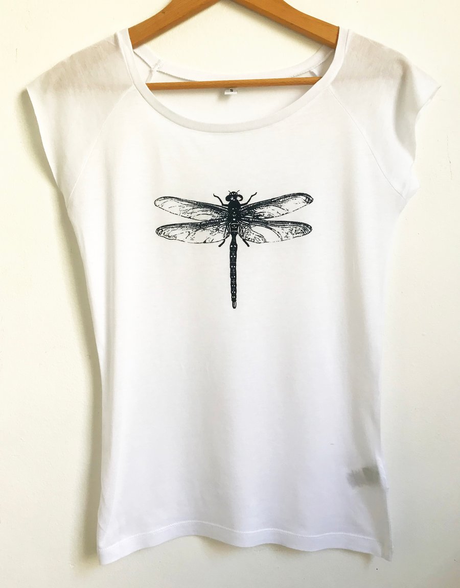  Dragonfly Women's white  T shirt bamboo and organic cotton dark navy blue print