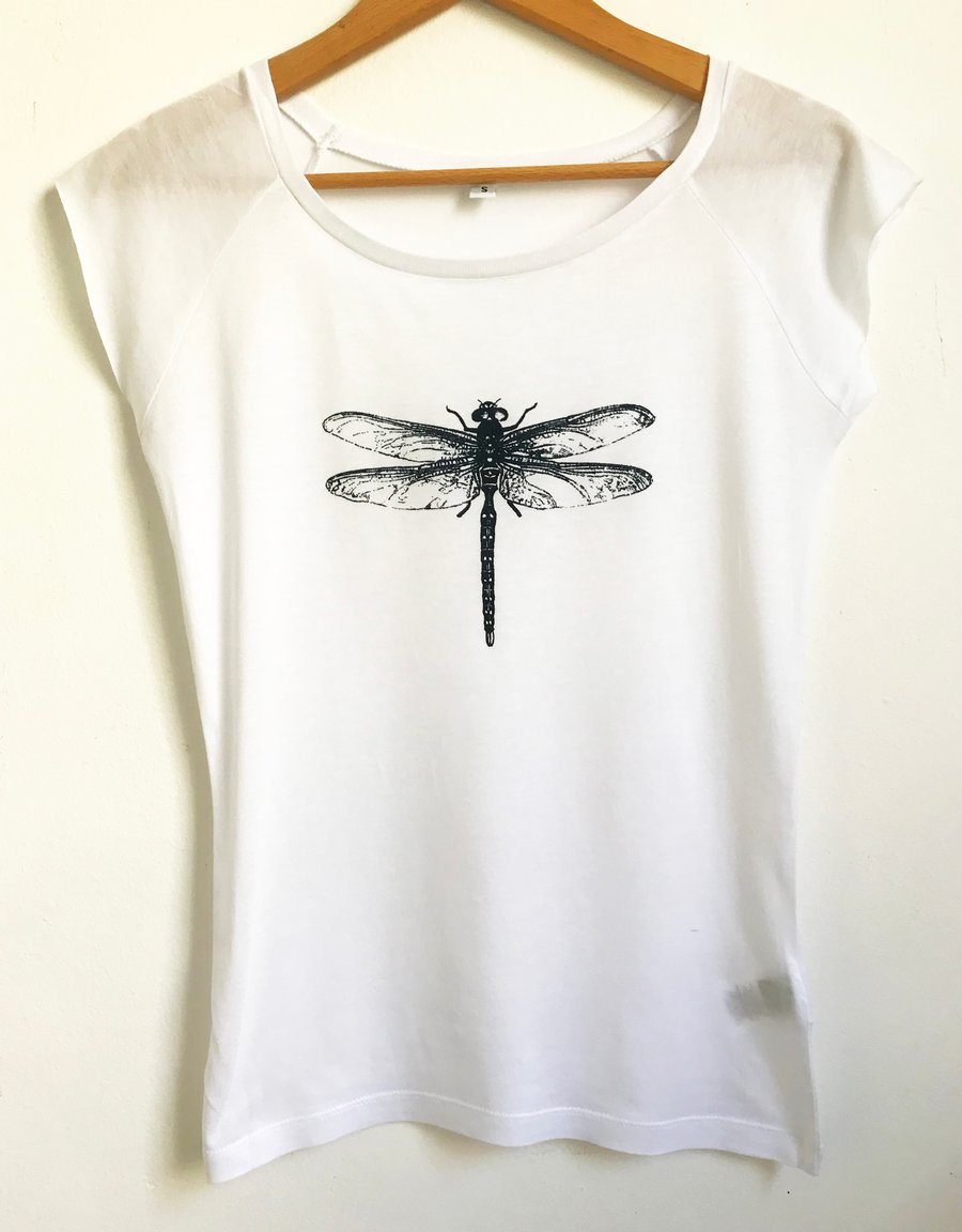  Dragonfly Women's white T shirt bamboo and organic cotton dark navy blue print