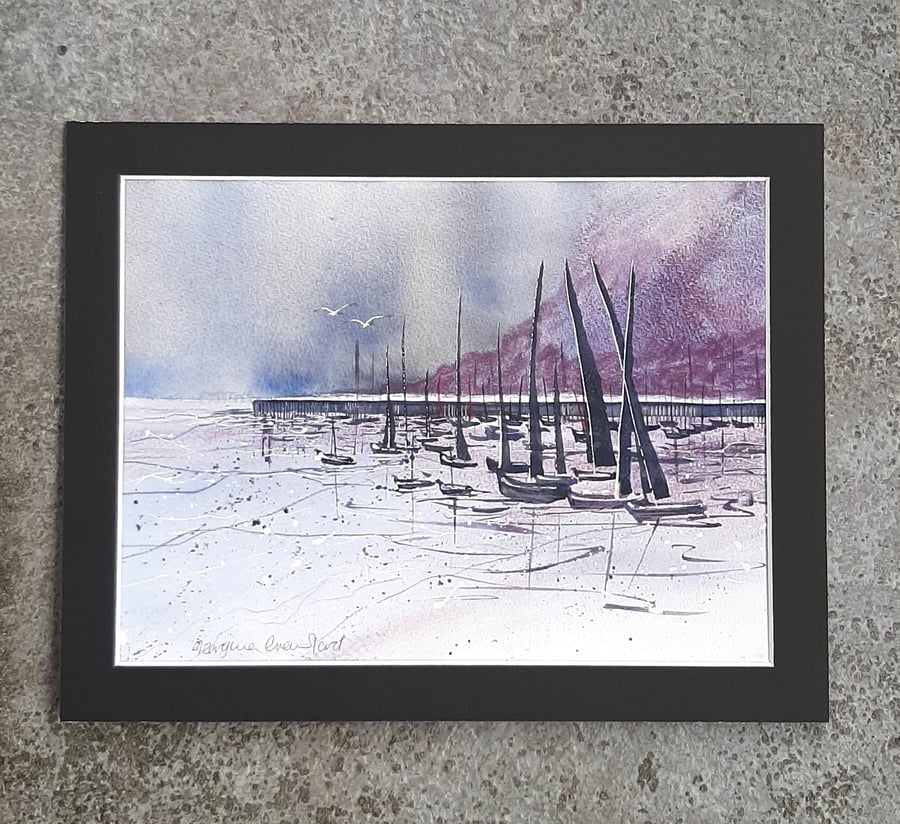 Harbour Boats. Mixed Media Painting. Gift to Frame. Original Painting