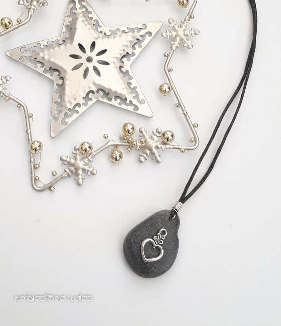 Beach Stone pendant with Silver Heart