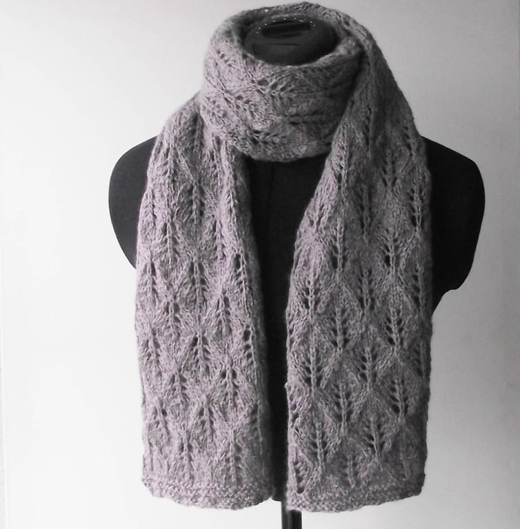 Lacy Grey Merino Wool Handspun Knitted Scarf, Elegant, Chic