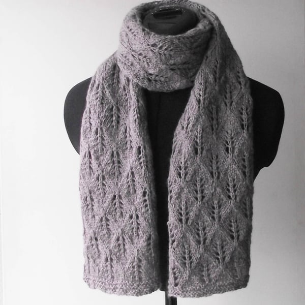 Lacy Grey Merino Wool Handspun Knitted Scarf, Elegant, Chic
