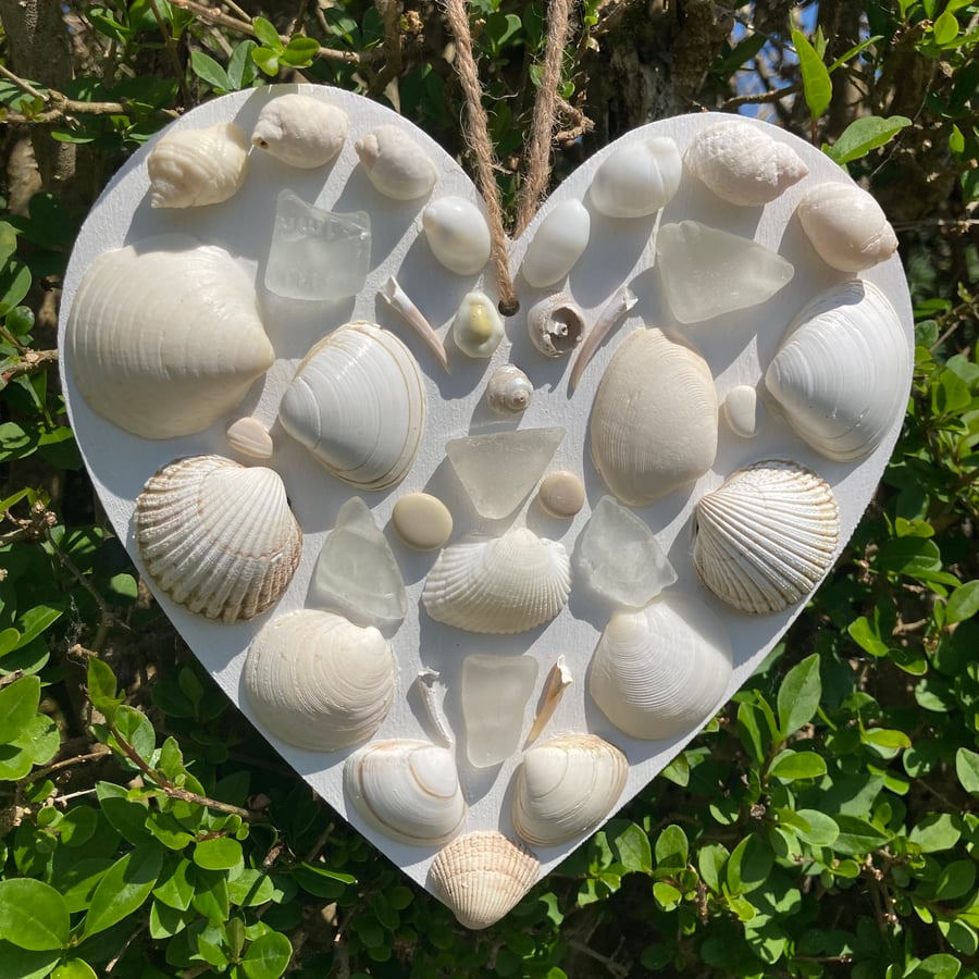 Sale-wood heart decorated with sea glass and shells from Cornish beaches 