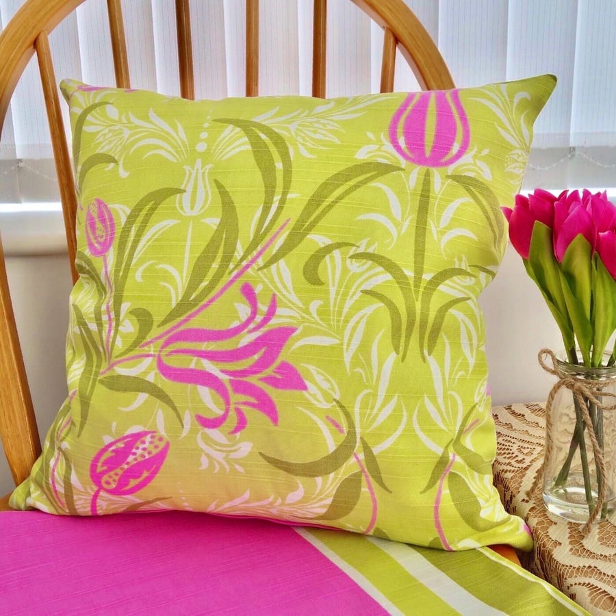 Cushion with Pad: Green Floral 17" (43cm) with stripe reverse