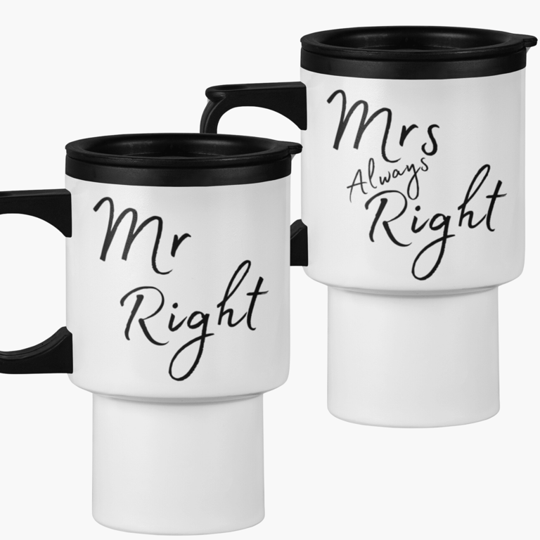 Couples Set of 2 Travel Mugs - Mr Right & Mrs Always Right Funny Couple Gift