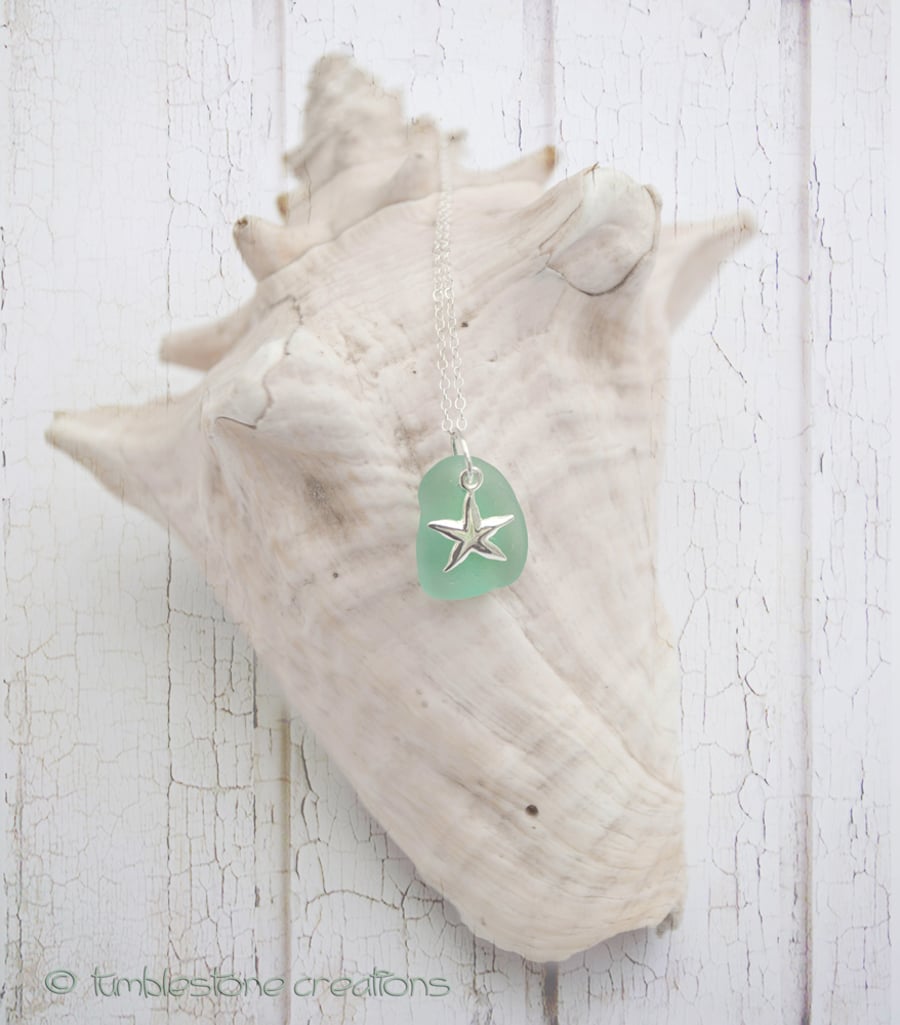 Aqua Sea Glass and Sterling silver Starfish necklace