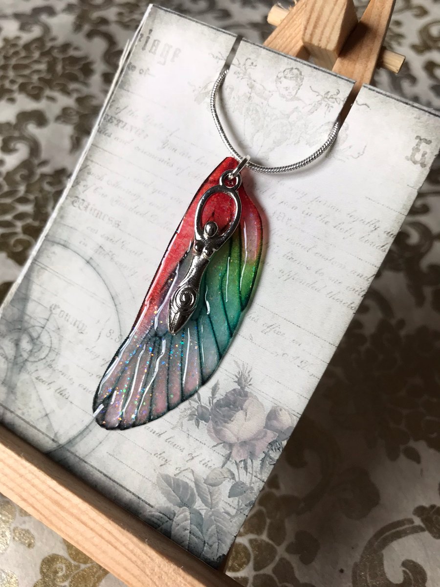 Red and Green Goddess Sterling Silver Fairy Wing Necklace