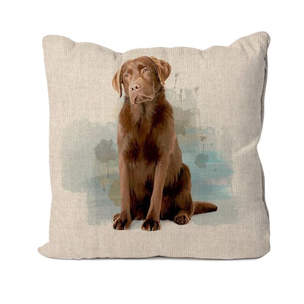 Handmade Chocolate Labrador Dog Cushion-Linen. Size 40x40cm- (16"x16") CUS191