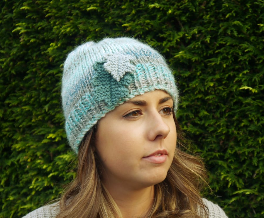 Turquoise Beanie Hat with Oak Leaves