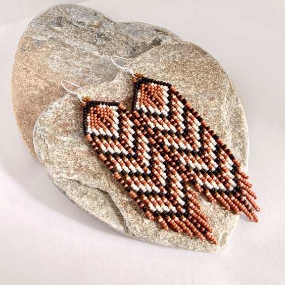Feather inspired seed bead fringe earrings in earthy tones