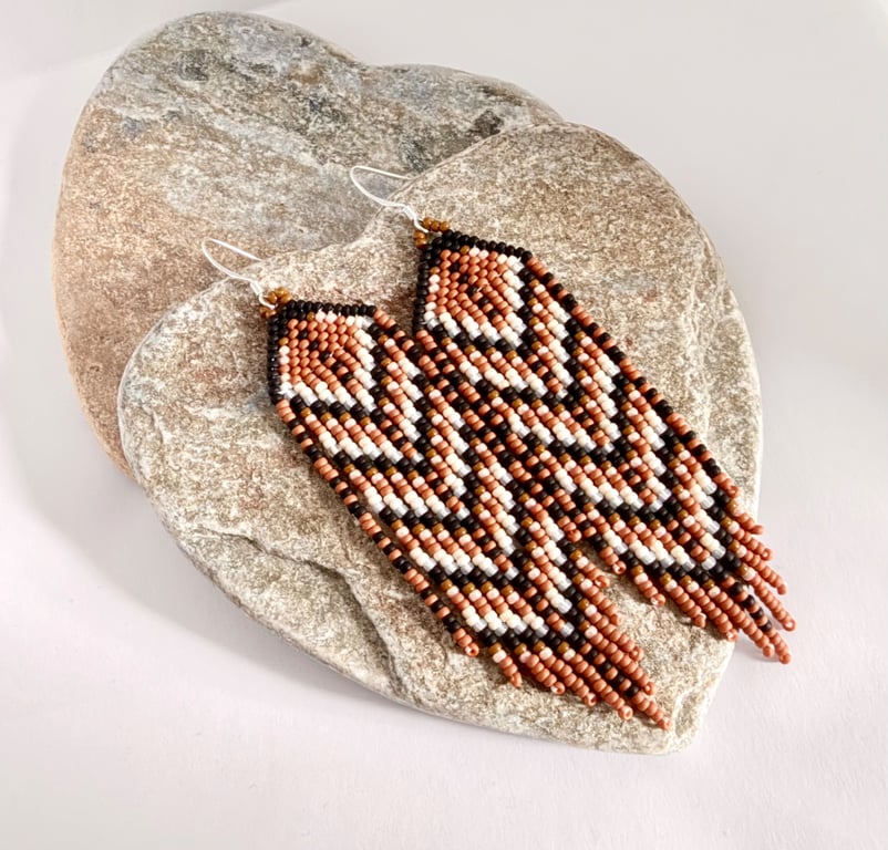 Feather inspired seed bead fringe earrings in earthy tones