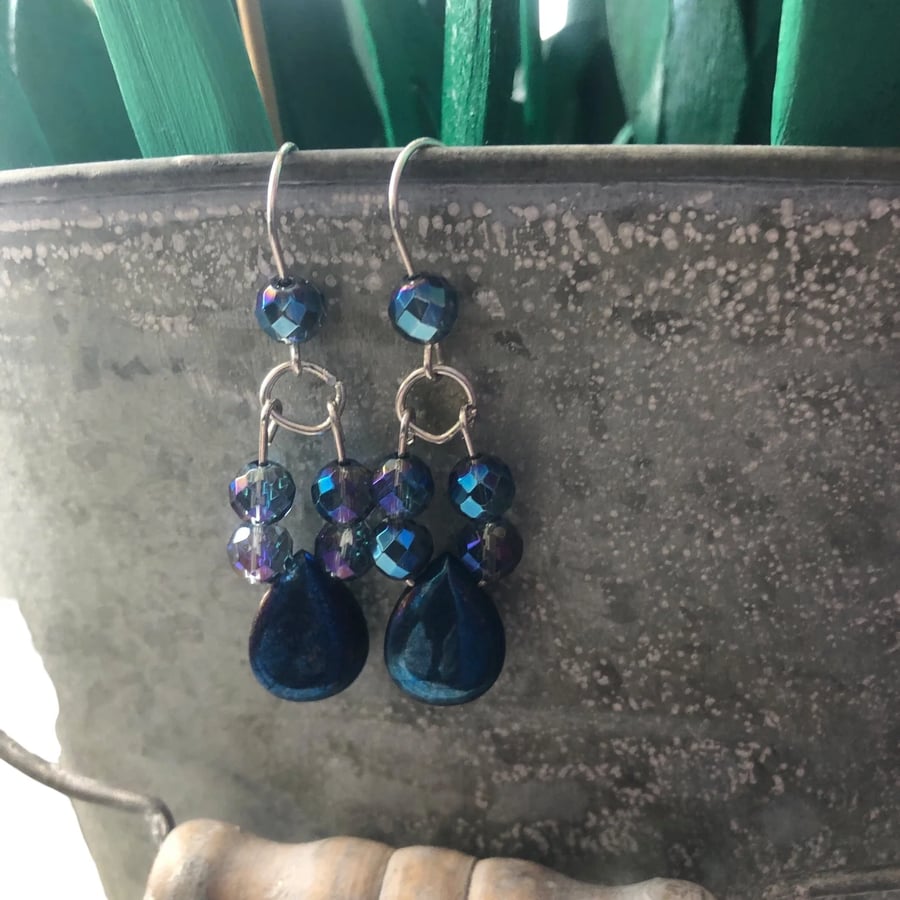 Blue Quartz and Hematite 925 Silver Dangle Earrings