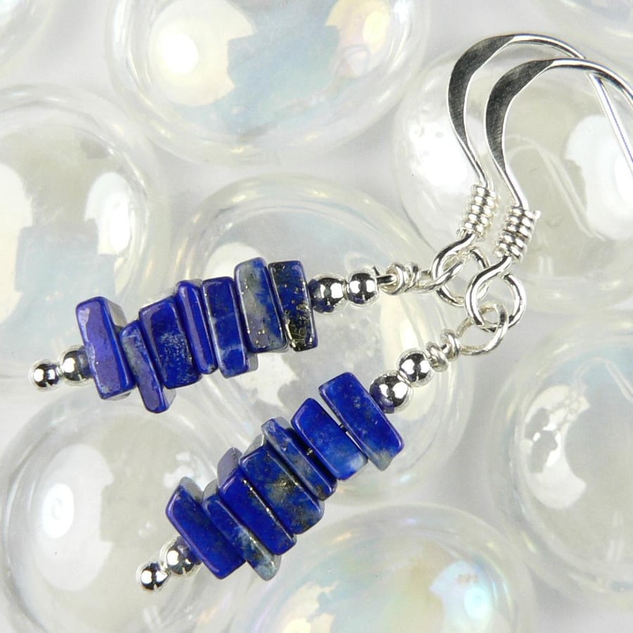 Lapis Lazuli natural stone drop earrings, sterling silver, slices are 4mm