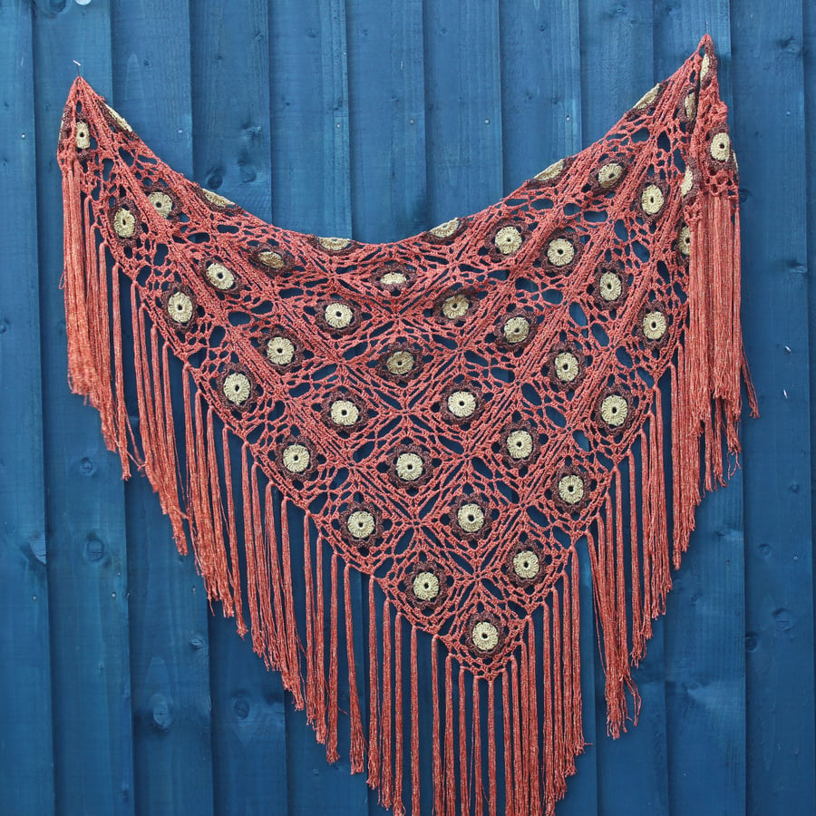 Crochet triangular shawl in sparkly gold, bronze & burnt orange - design LF433