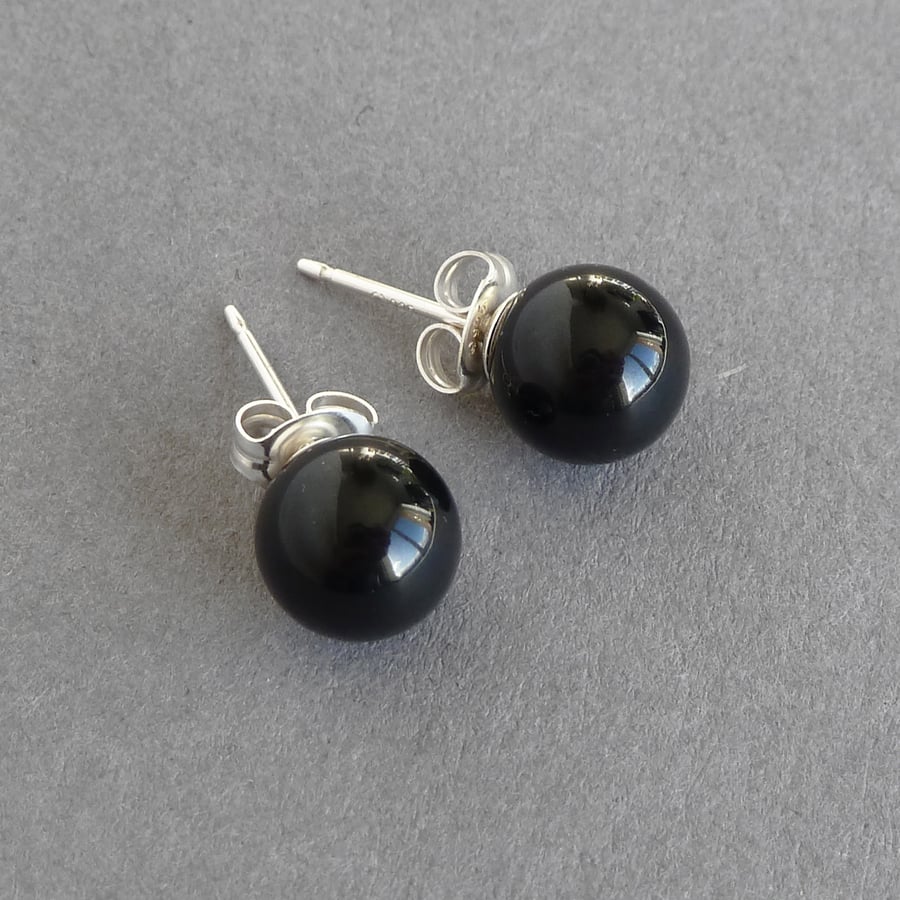 8mm Jet Black Stud Earrings - Simple, Round, Everyday Black Studs - Gifts 