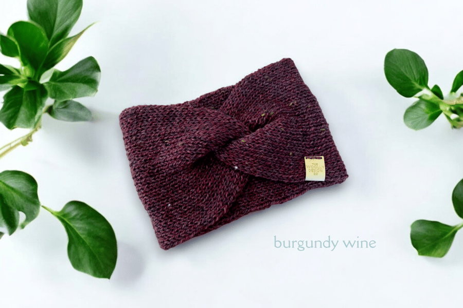 Knitted Headband Women's Soft Merino Alpaca Wool Blend Earwarmer Burgundy Wine