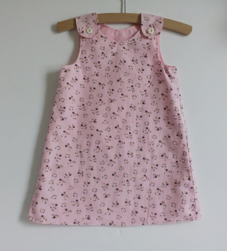Age 2 years, needlecord, A line dress, pink floral dress, pinafore