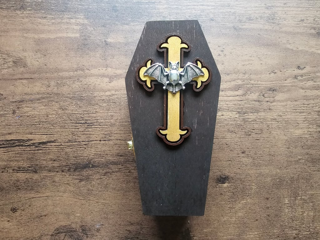Vampire Bat and Wooden Cross Coffin Shaped Jewellery or Trinket Box 