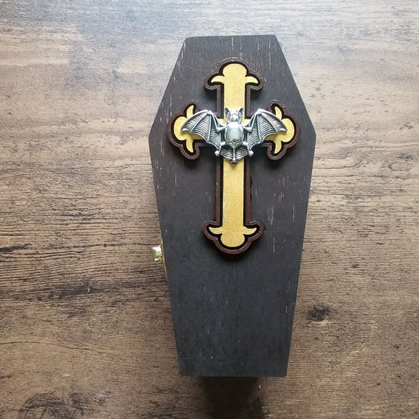 Vampire Bat and Wooden Cross Coffin Shaped Jewellery or Trinket Box 