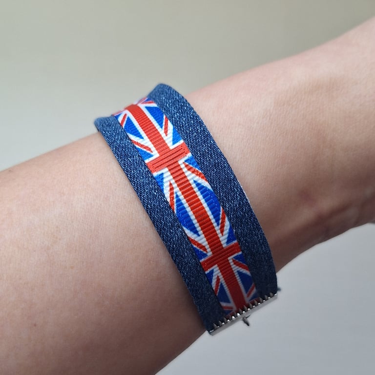 Upcycled Denim Bracelet with Union Jack Ribbon (British and Biker Vibes) 