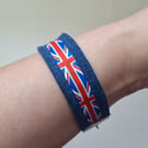 Upcycled Denim Bracelet with Union Jack Ribbon (British and Biker Vibes) 