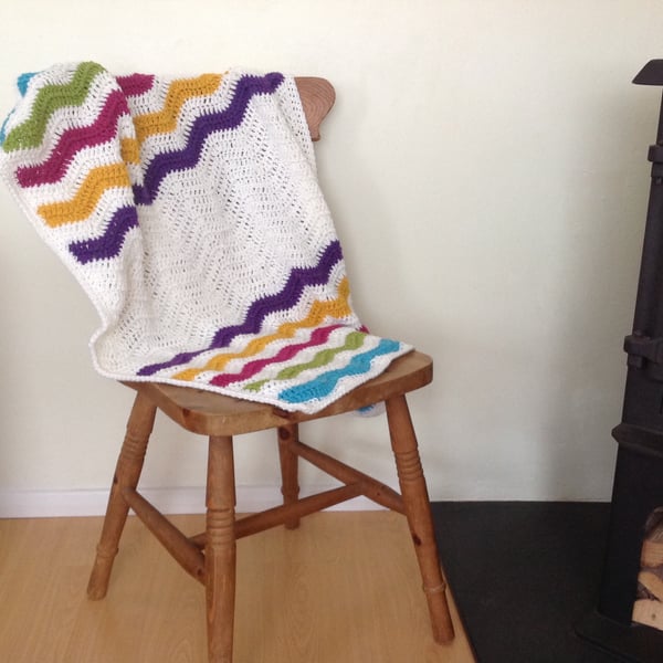 BABY , PRAM blanket.. Comforter .'Sing a Rainbow'  .Ripples. Crocheted 