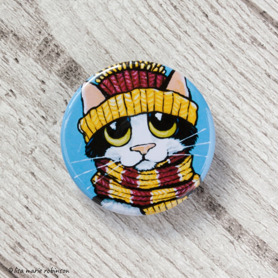 Winter Tuxedo Cat Wearing Hat & Scarf Button Badge - 38mm