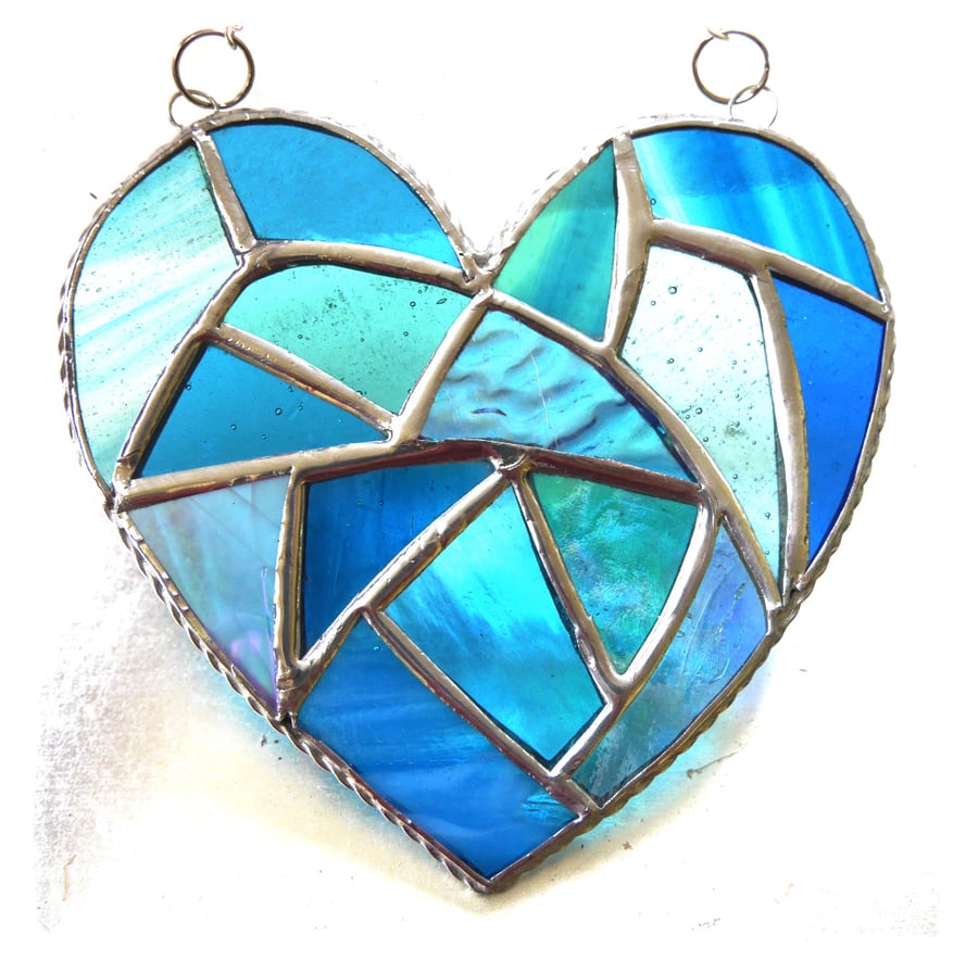 Fat Patchwork Heart Suncatcher Turquoise Stained Glass Handmade 