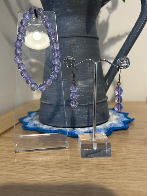 Bracelet and earring purple faceted bead set 