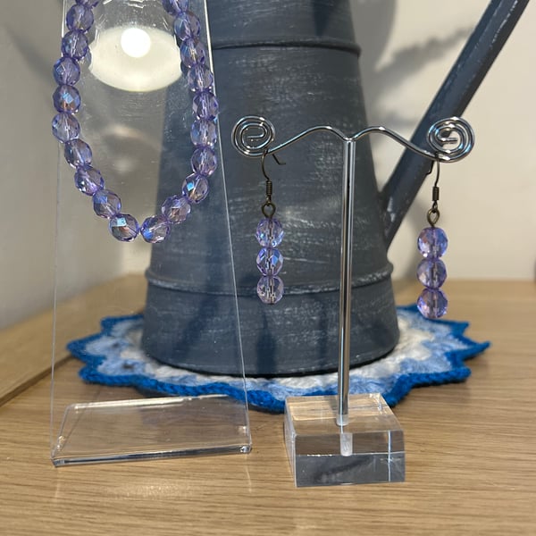 Bracelet and earring purple faceted bead set 
