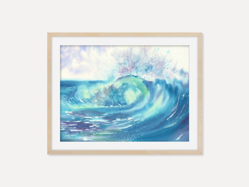 Colourful Ocean Wave Wall Art Print, Archival Coastal Watercolor Art Poster