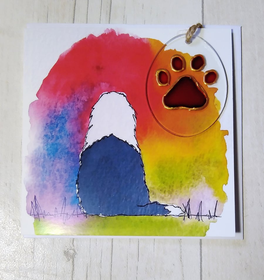 Old English Sheepdog memories, sympathy card and paw print sun catcher gift. 