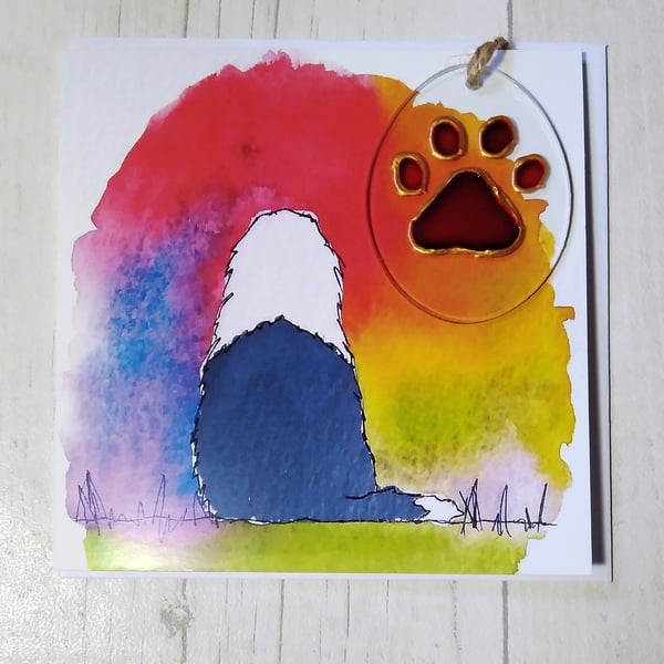 Old English Sheepdog memories, sympathy card and paw print sun catcher gift. 