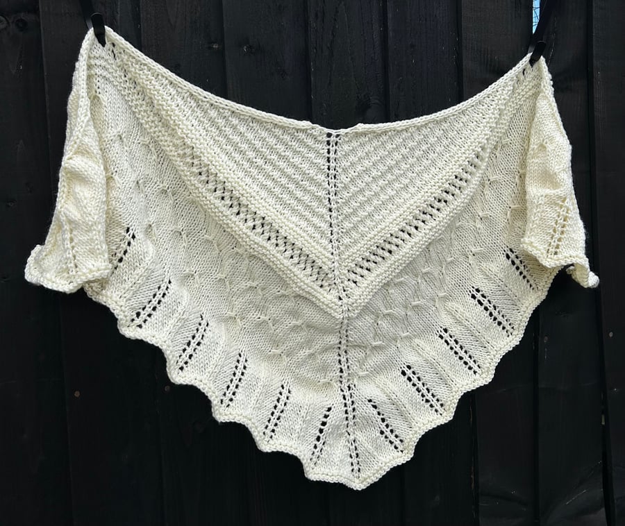 Milky white soft alpaca mix yarn hand knitted triangle lace shawl wrap