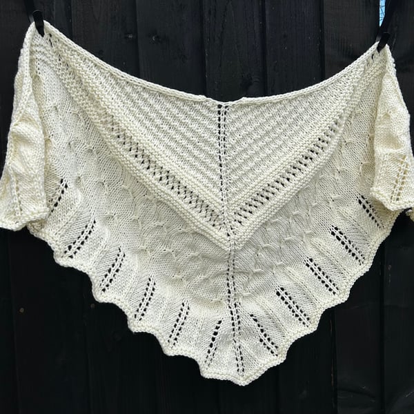 Milky white soft alpaca mix yarn hand knitted triangle lace shawl wrap