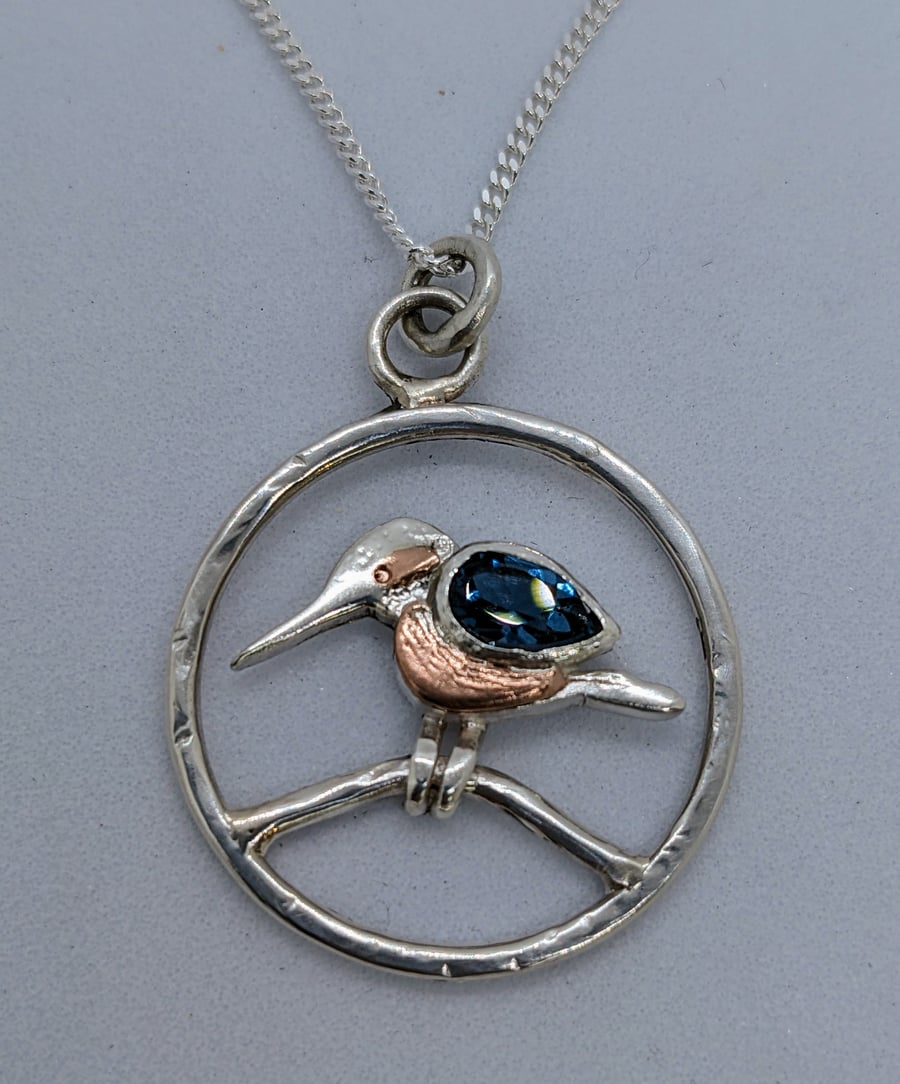 Kingfisher pendant, Silver kingfisher necklace, British birds, Topaz pendant 