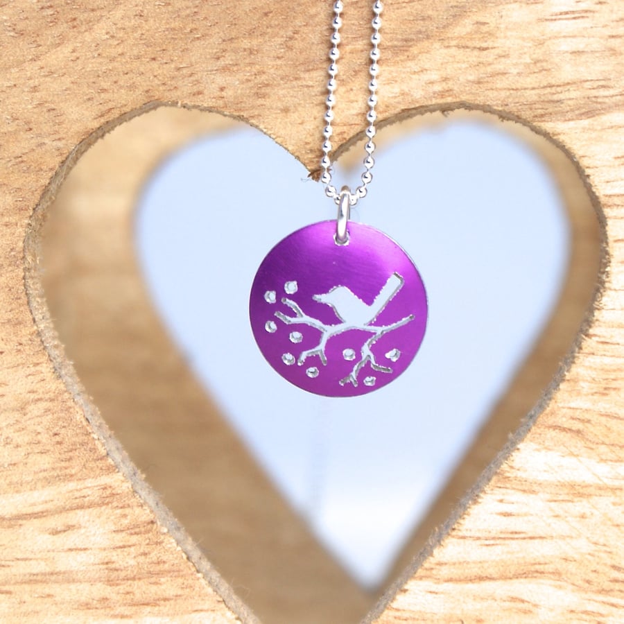 Tiny bird on a branch necklace - pink