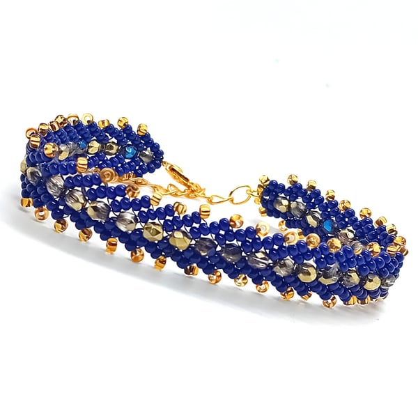 Royal blue and gold St Petersburg weave beaded bracelet
