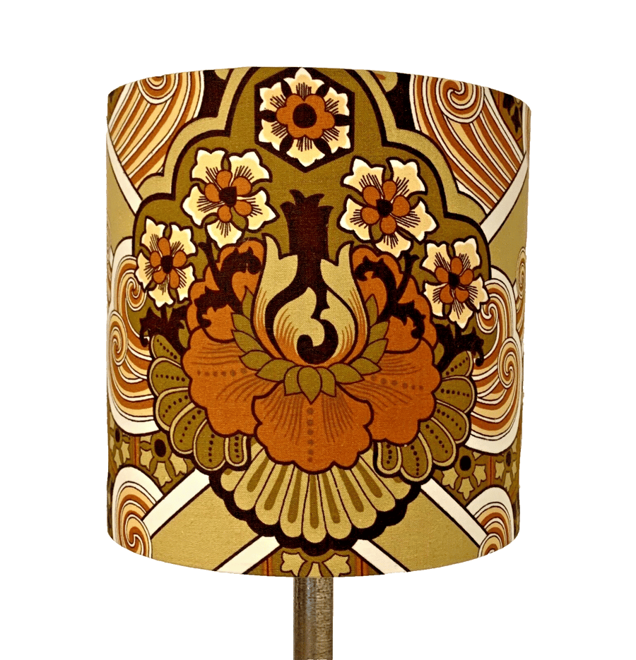 Retro Art Deco style Lampshade Mustard Brown Textra KENWOOD 70s Vintage Fabric