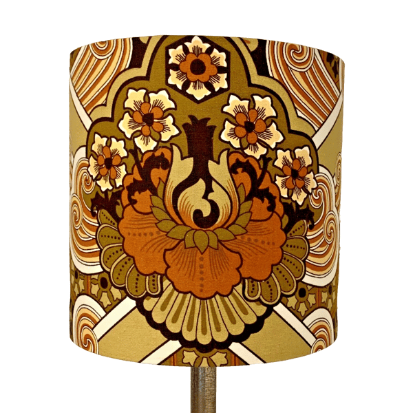 Retro Art Deco style Lampshade Mustard Brown Textra KENWOOD 70s Vintage Fabric