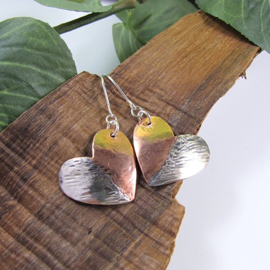 Earrings, Sterling Silver and Copper Flower Pattern Heart Earrings