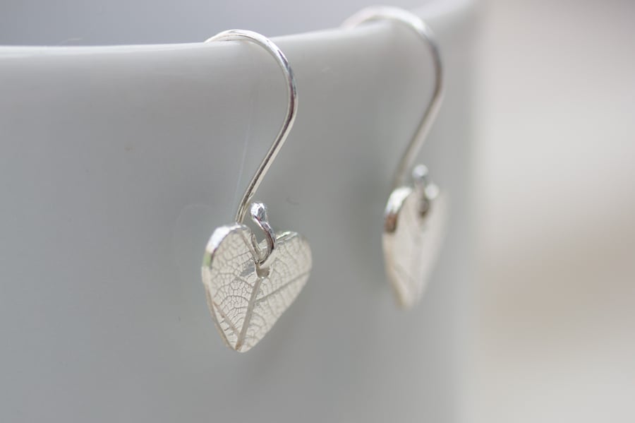 Silver Heart Earrings with Leaf Pattern