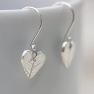 Silver Heart Earrings with Leaf Pattern